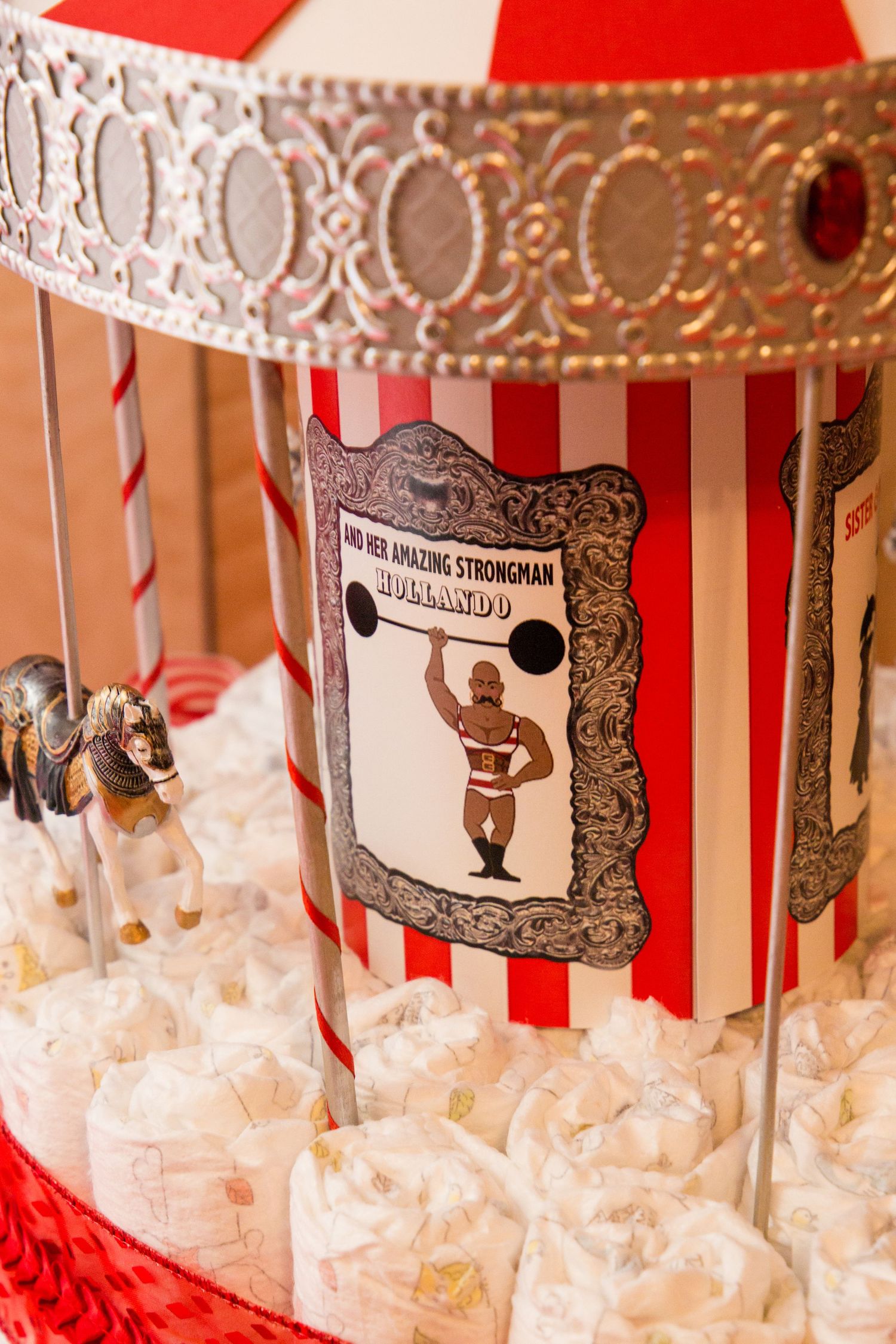 Detailed view of a circus-themed carousel display showing vintage illustrations and decorative elements.