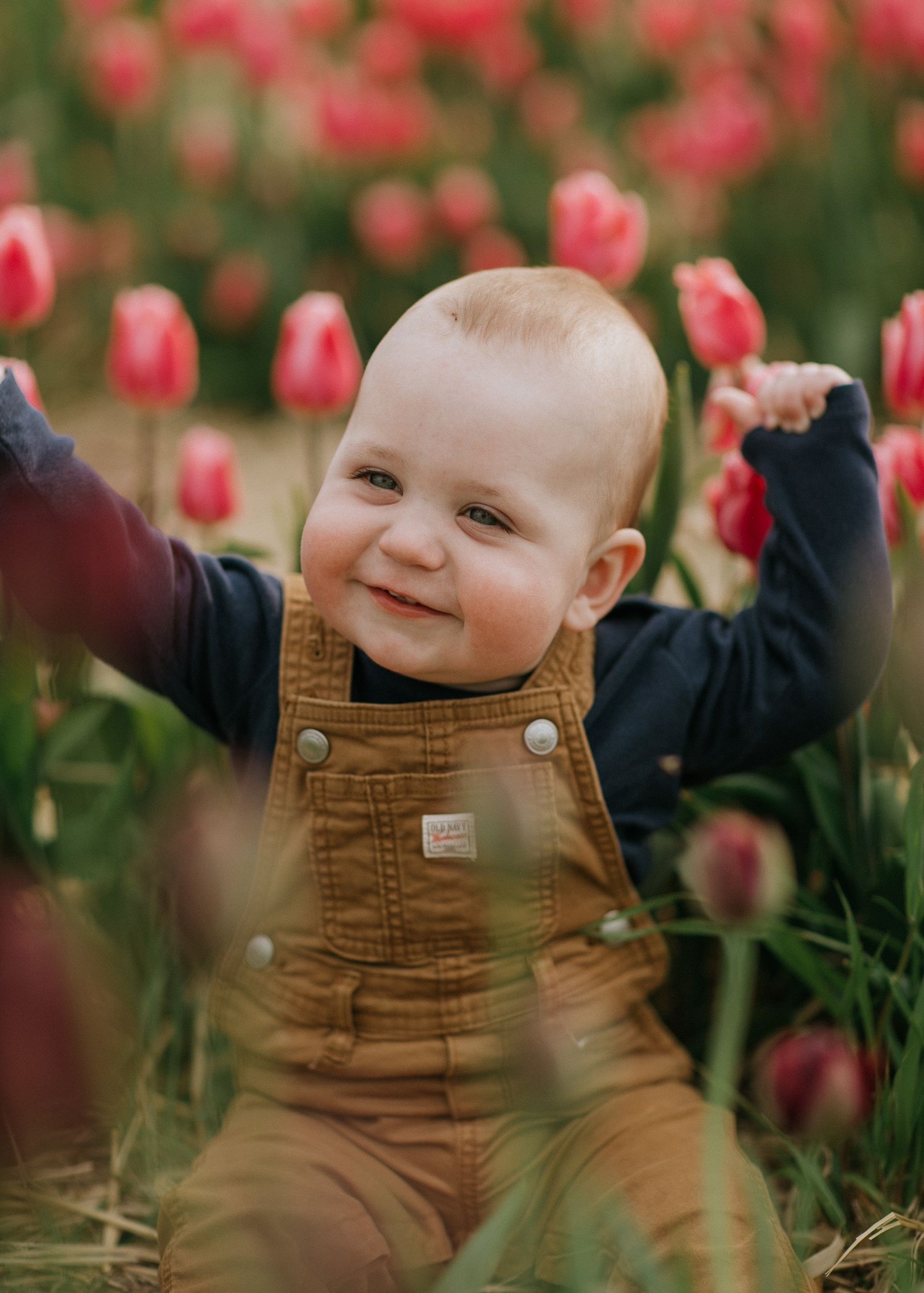 Baby smiling surrounded by vibrant tulips in a field near Ottawa, ON.
