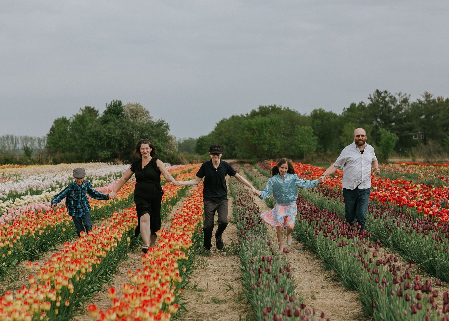 Happy family enjoying a candid moment amidst colorful tulips in a picturesque field
