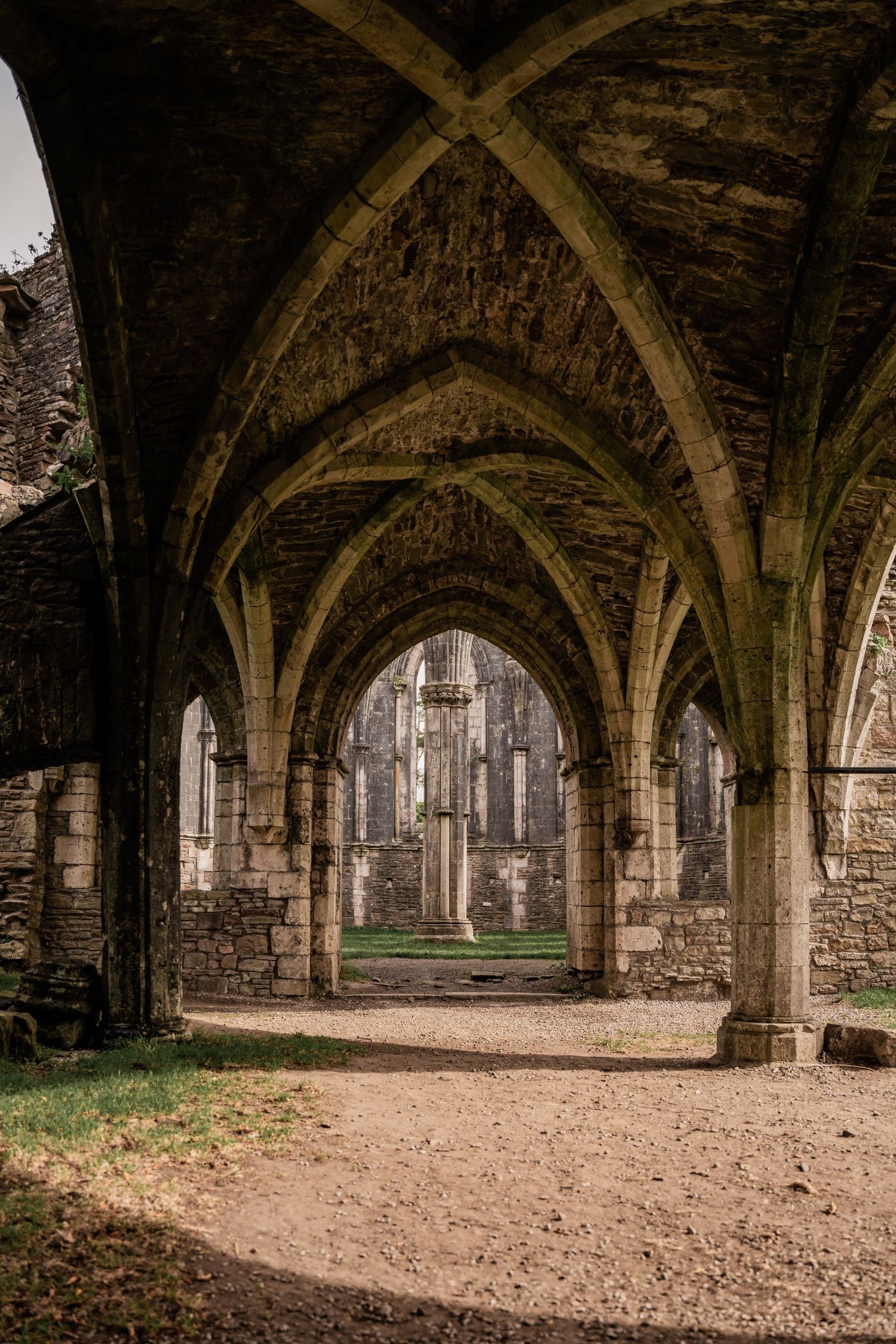Ancient stone cloisters with gothic arches leading to a cathedral in the distance.