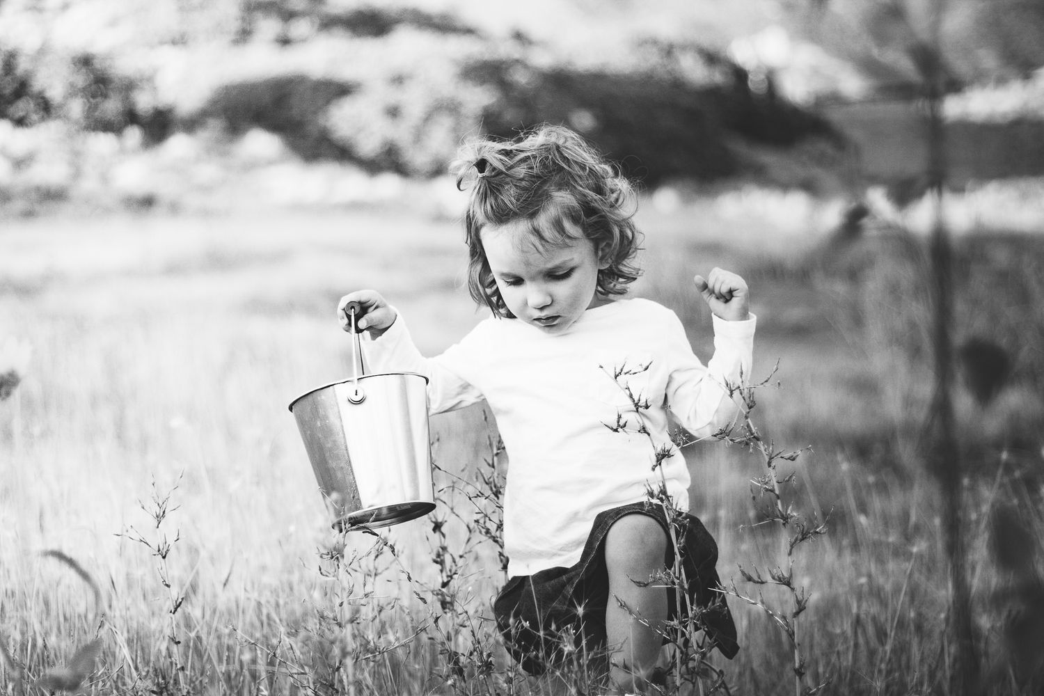 female child carrying a pail bucket through the grass collecting flowers
