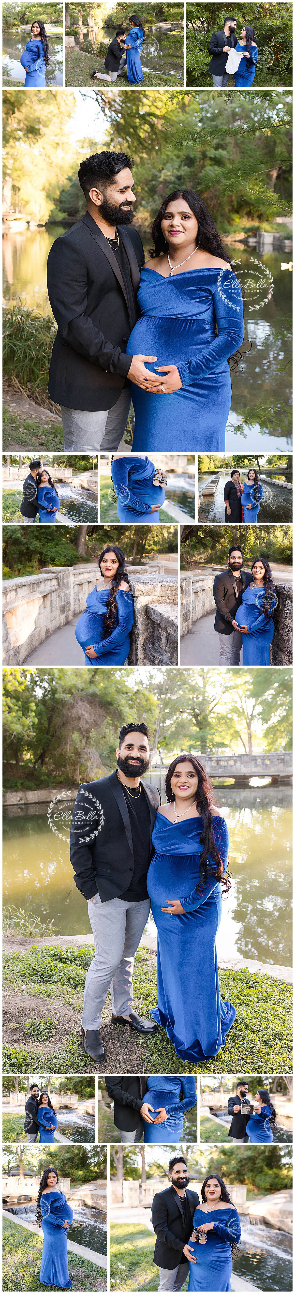 Romantic maternity photoshoot at a park featuring couple in blue dress and casual formal wear.