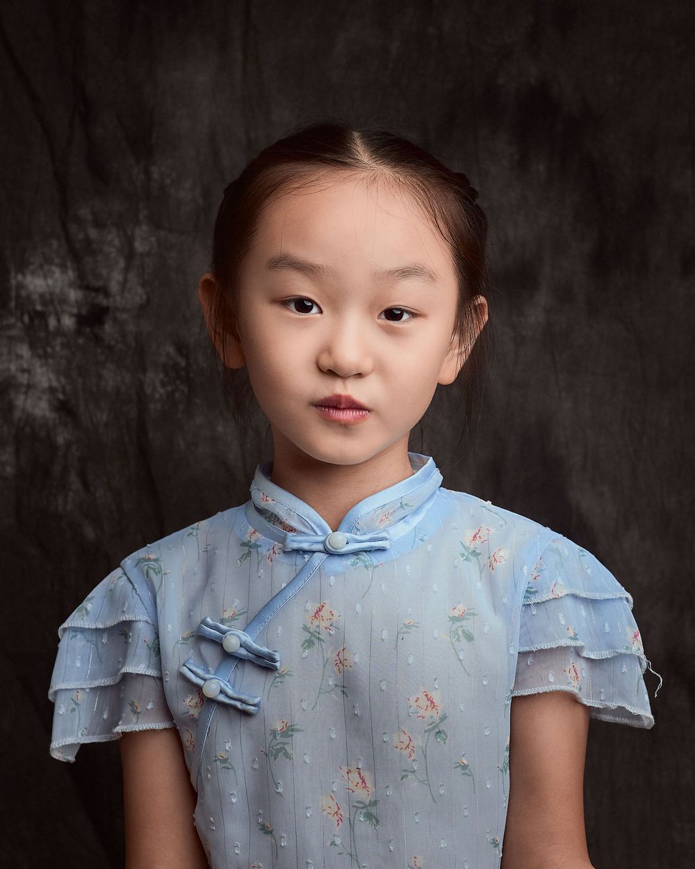 Young Chinese girl stands for her legacy portrait elegant timeless tradition painterly style chiaroscuro