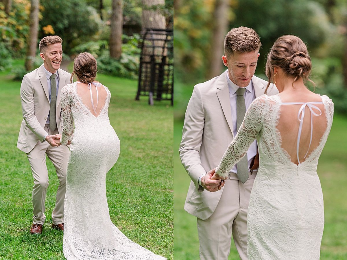 Wedding photographs of grooms reaction during first look