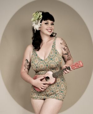 Vintage, Pinup girl with ukulele in swimsuit, photo shoot, Fourways, South Africa