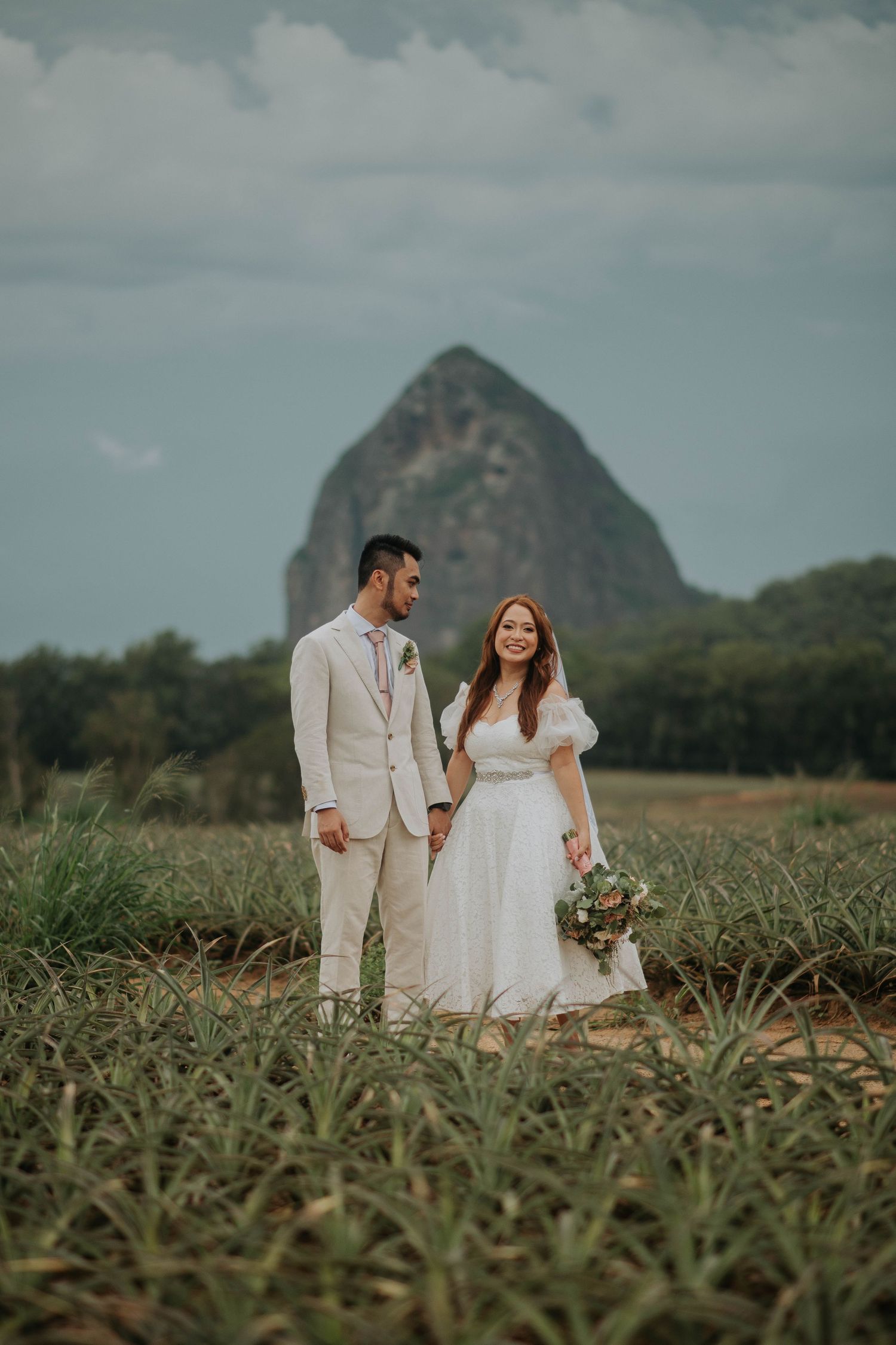 A couple poses in formal attire in front of a dramatic mountain peak in a pineapple field.