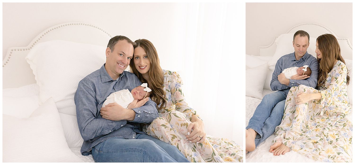 new parents holding baby on white bed, newborn photographer chattanooga, baby photos hixson, sweet caroline, light airy
