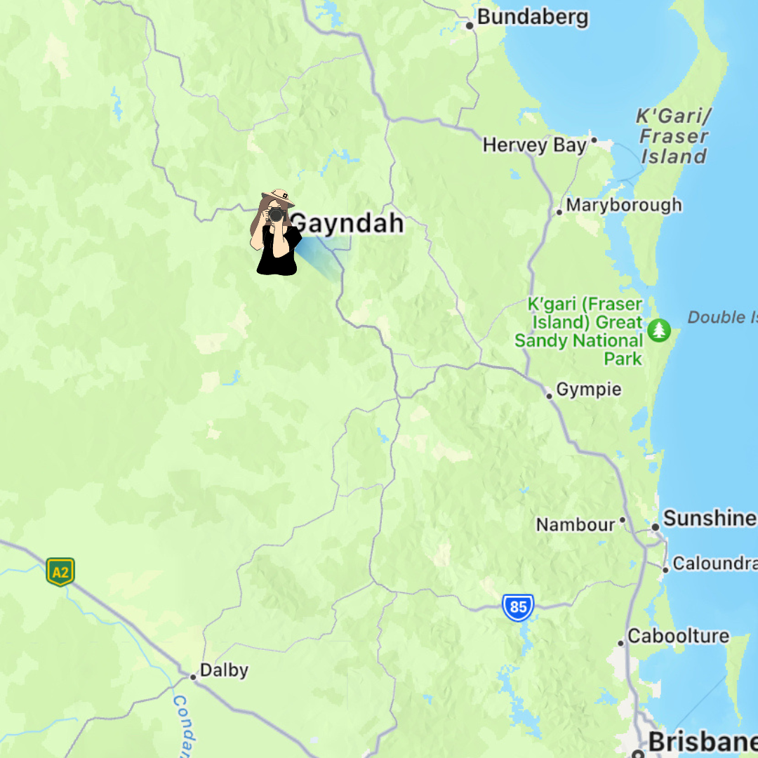 Map showing region around Brisbane and Bundaberg in Queensland, Australia.
