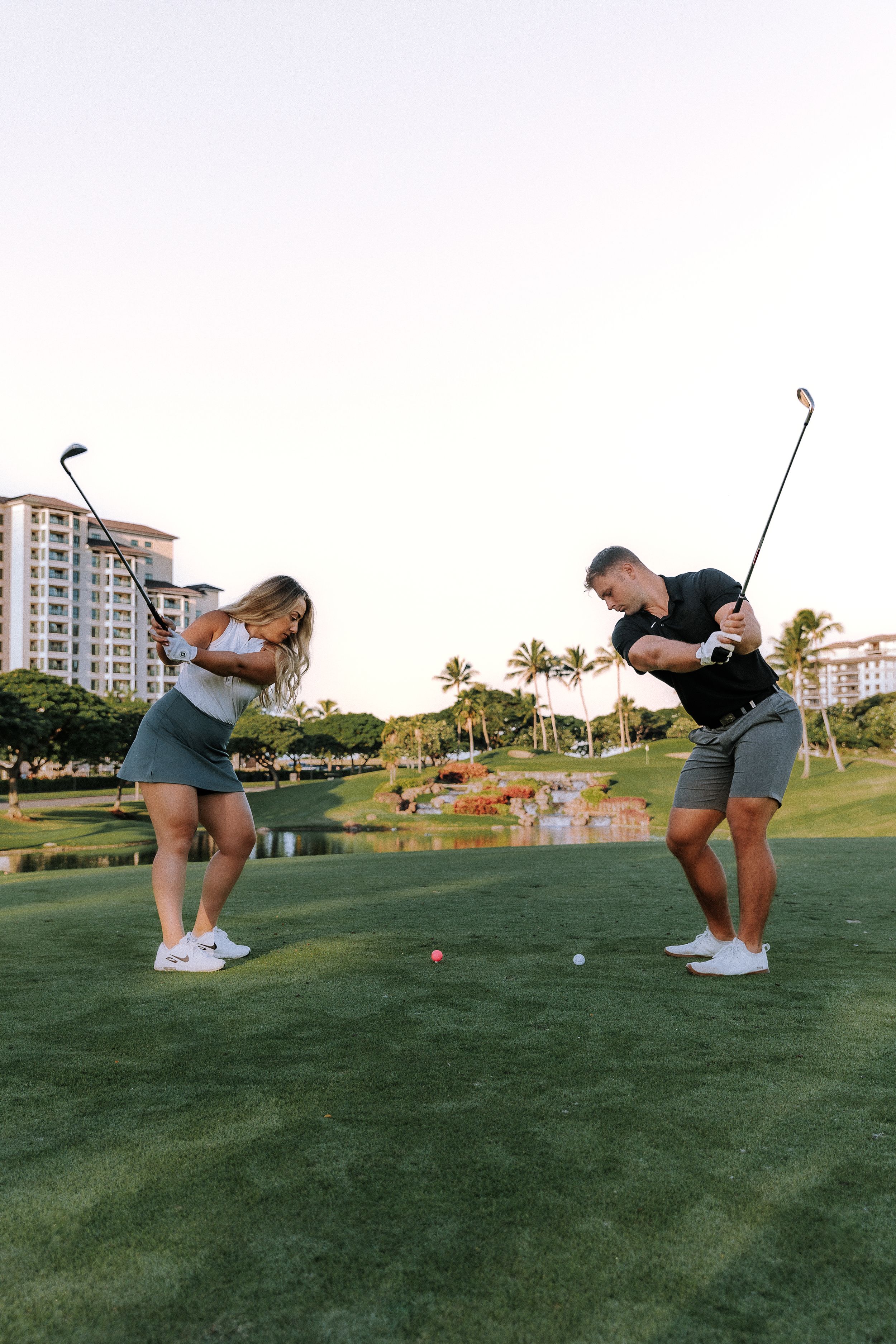Sequence showing golf putting techniques on a green course with buildings in background.