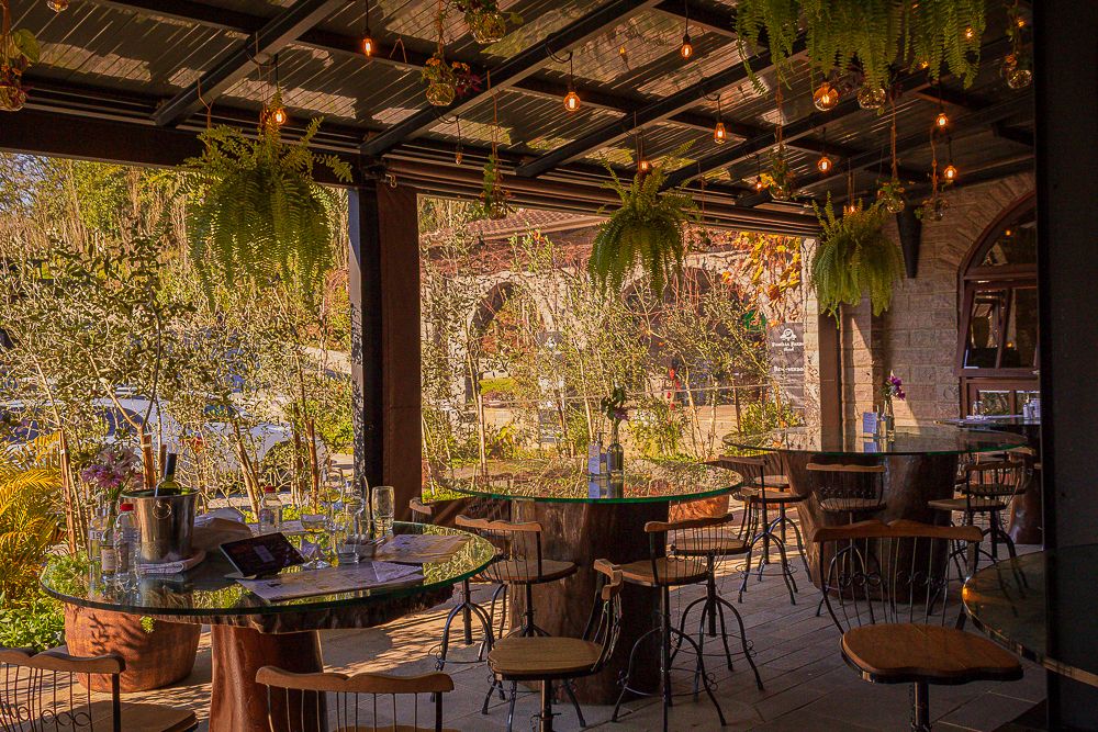 Cozy restaurant terrace with hanging plants and natural light, photographed by Piret Victoria Ribas.