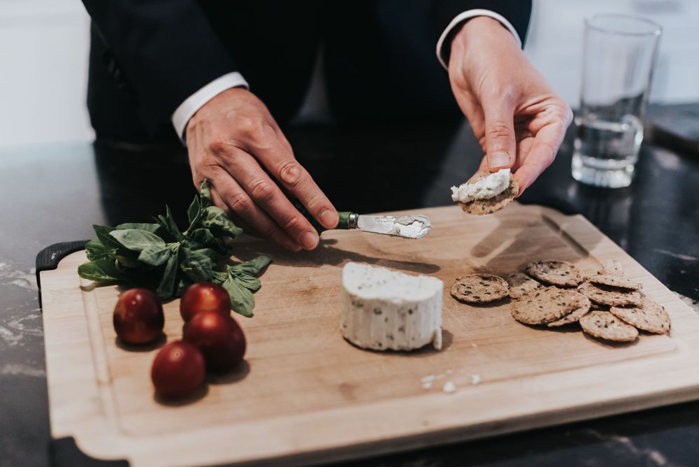 Detail photo of a cheese and cracker board.