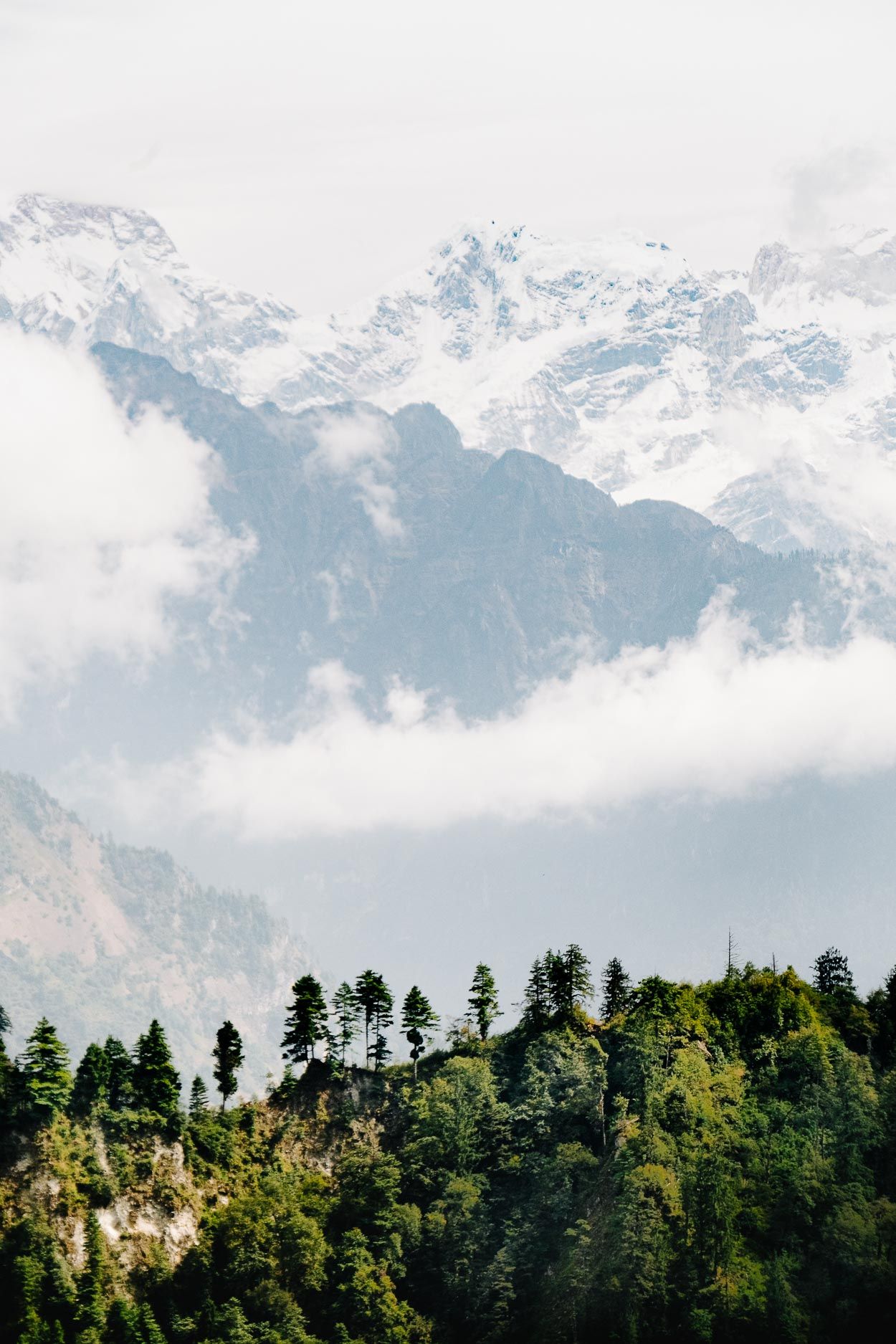 Snow-capped mountain peaks rise above evergreen forest with misty clouds rolling across the alpine landscape.