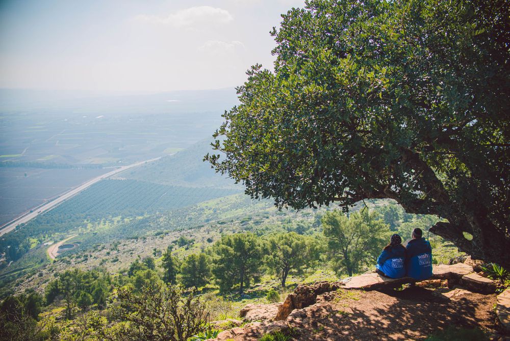 couple sitting under a tree looking at the scenic view of a valley