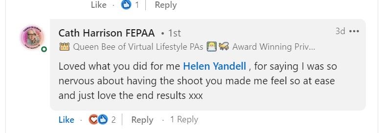 Customer testimonial from Cath Harrison of Bee Assisted for Helen Yandell Photography