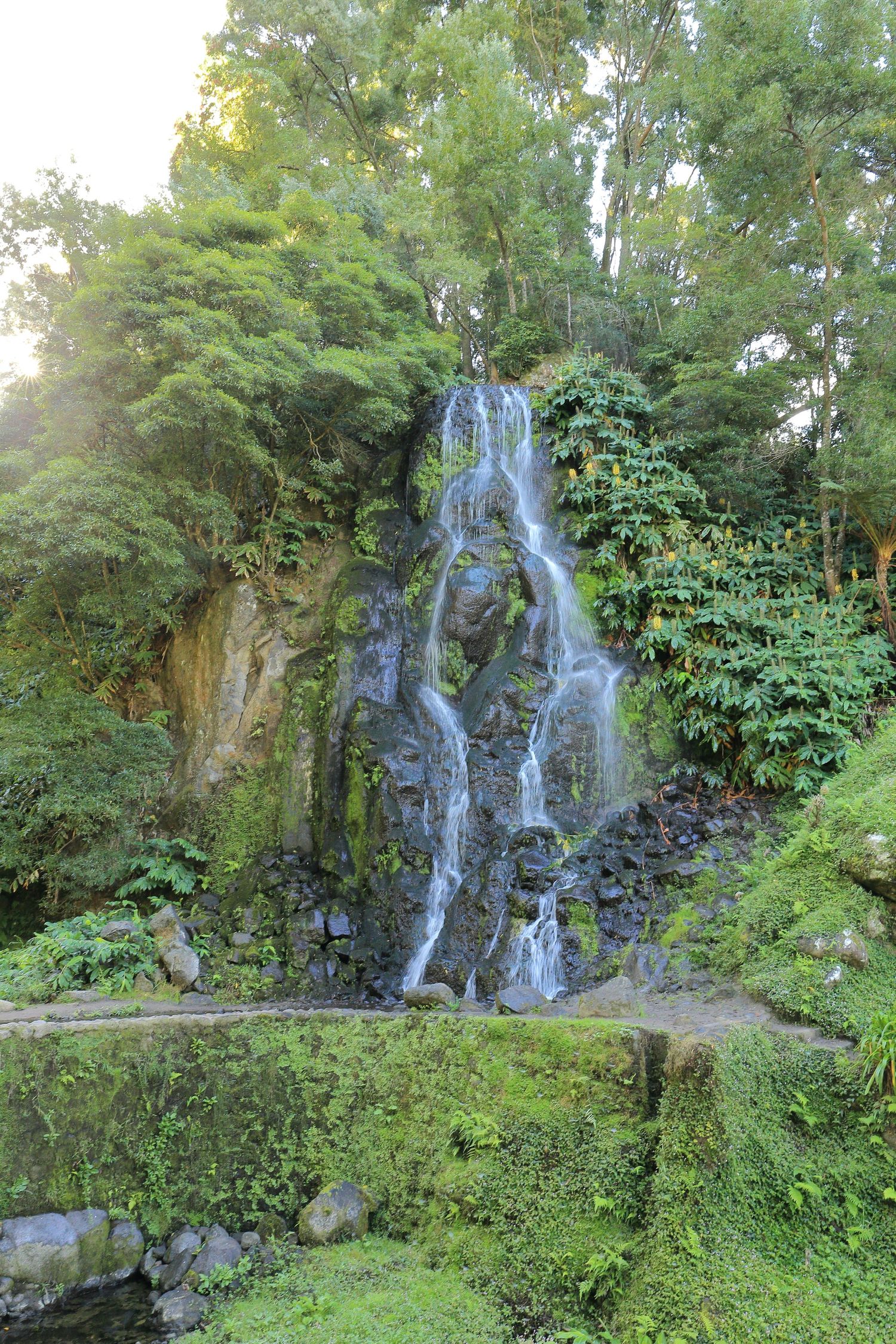 Multi-tiered waterfall flows down moss-covered rocks in a verdant forest setting.