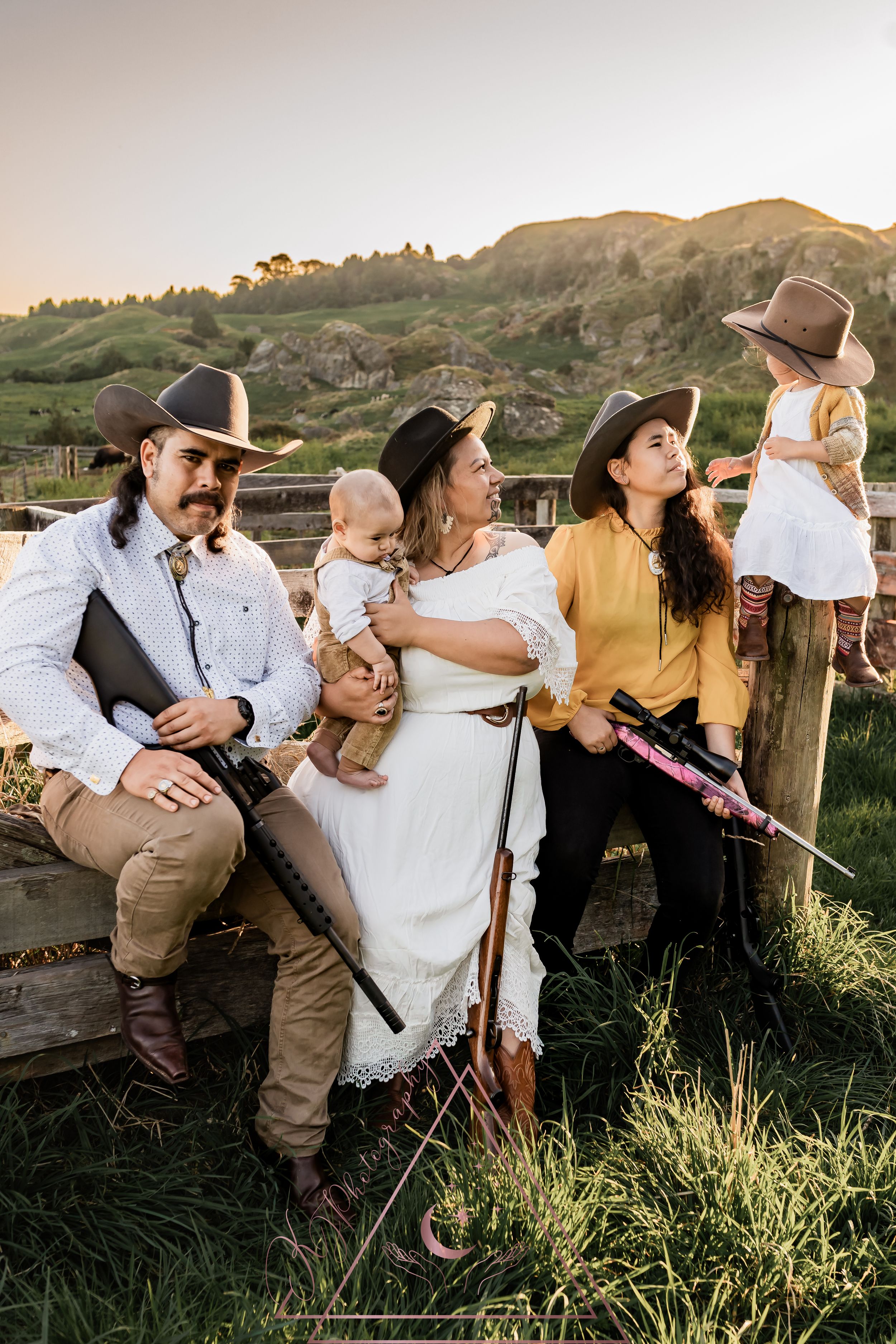 Group relaxes in rustic outdoor setting during golden hour.