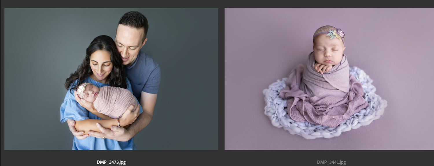 Two images side by side - a family portrait and a baby in purple lace on pink background.