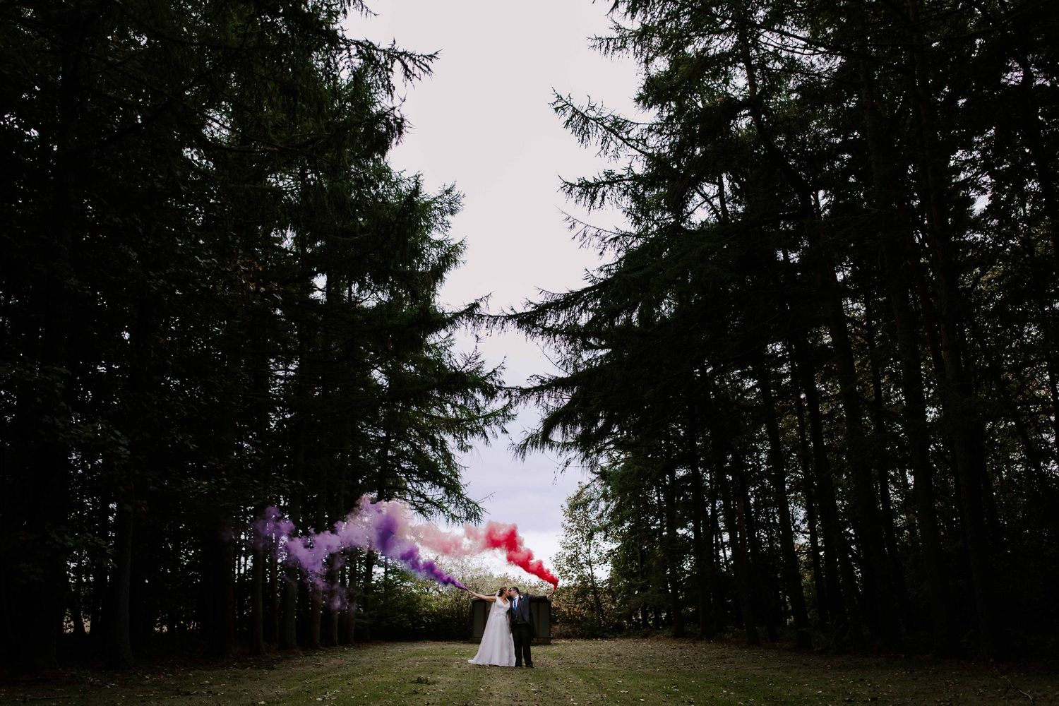 Smoke Bombs with wedding couple, Shotton Grange, Northumberland