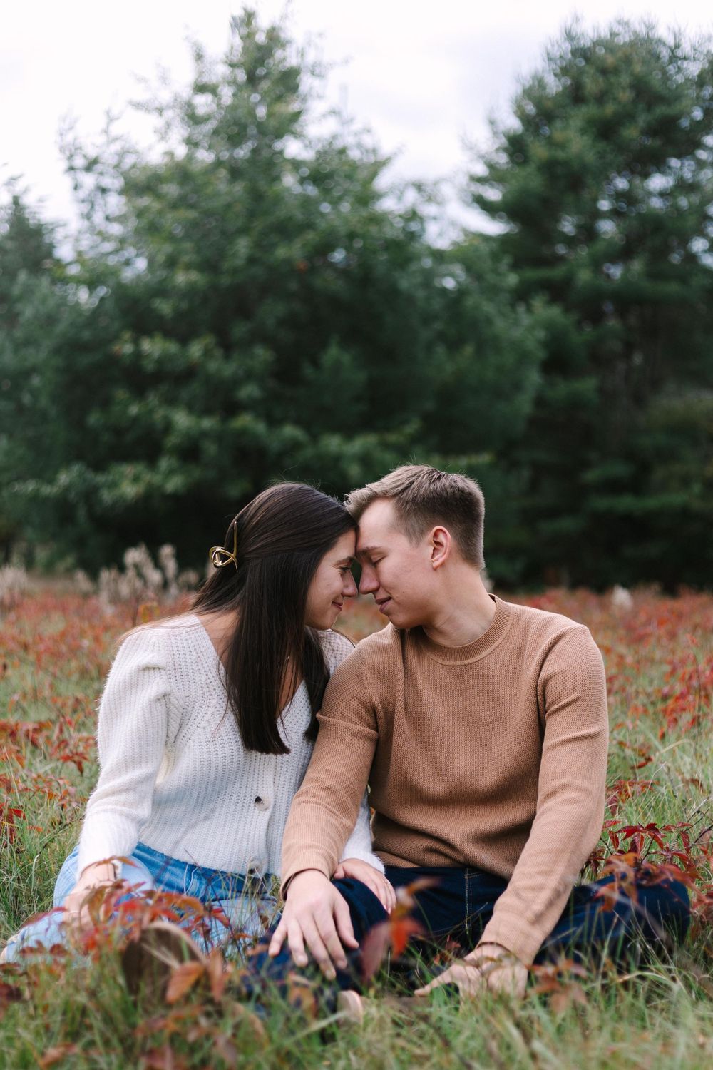 A tender moment between a couple sitting in a field with evergreen trees and fall foliage in the background.