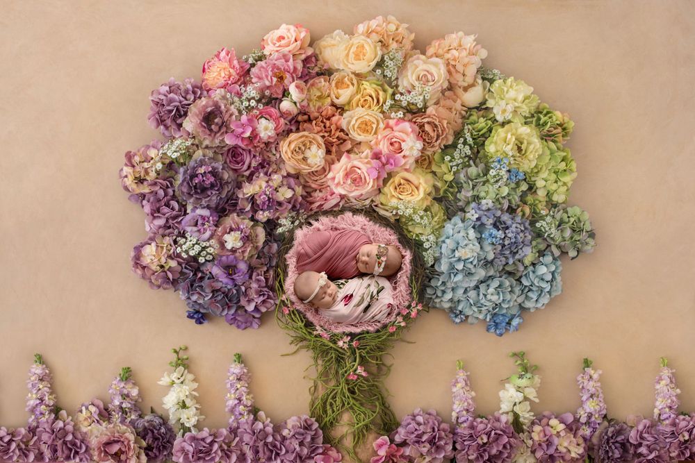 Colorful floral arrangement featuring roses and hydrangeas in rainbow pastel colors against a neutral backdrop.