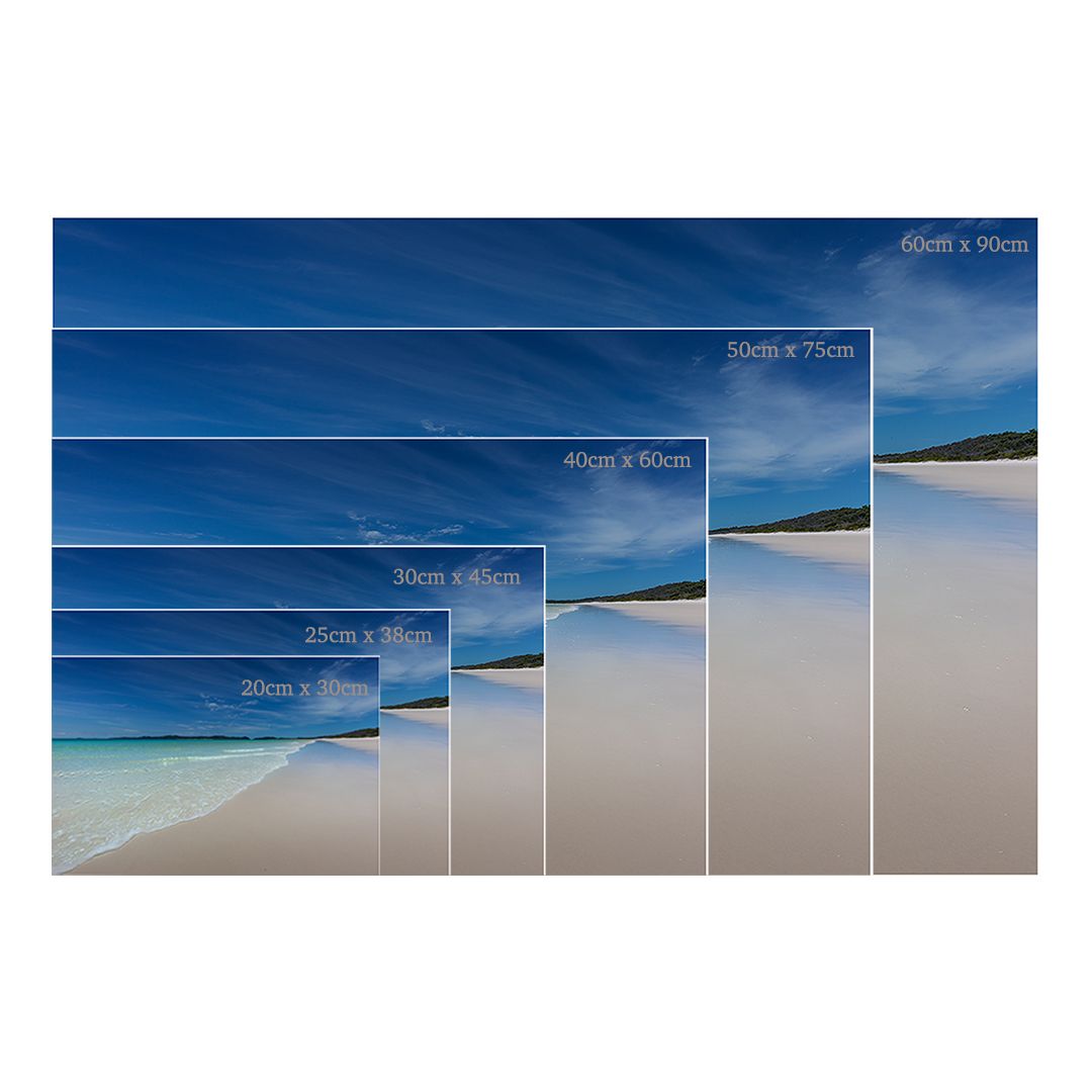 Series of coastal landscape prints showing size variations for wall art displays.