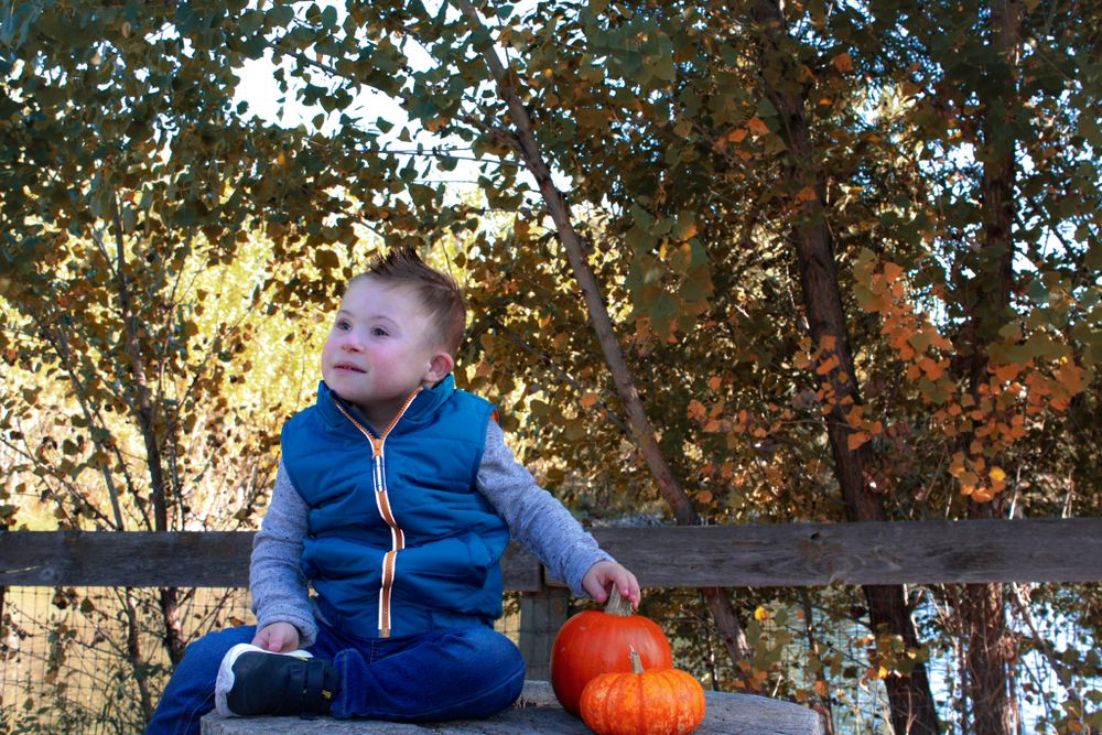 A child in a blue vest sits on a bench with pumpkins during autumn.