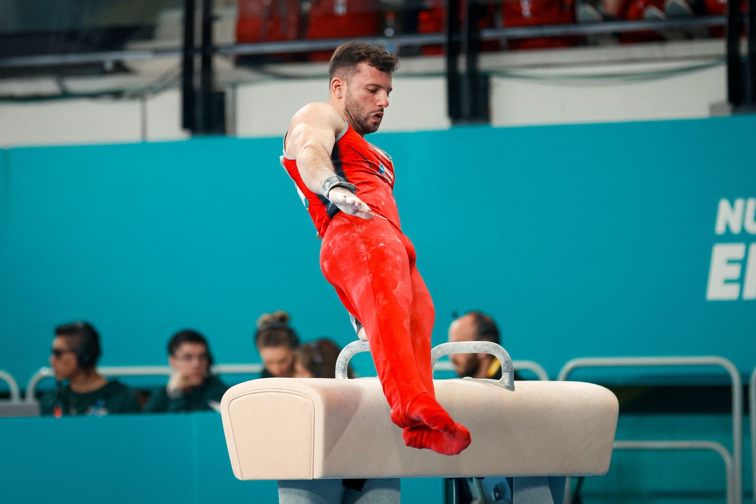 José 'Gussy' López, a gymnast from the National Team of Puerto Rico, performing on the pommel horse at the Santiago 2023