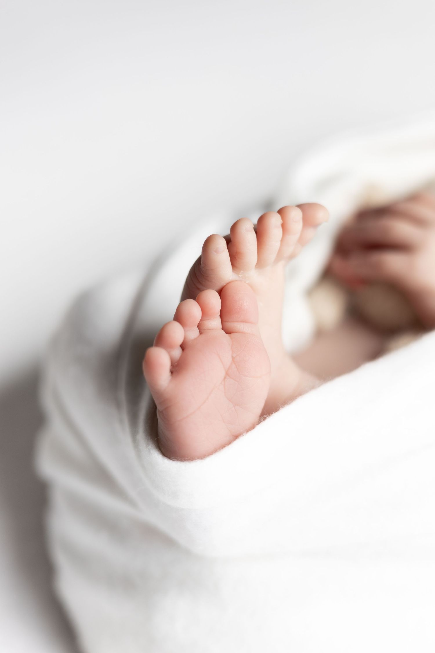 A close-up view of tiny baby feet wrapped in soft white fabric.