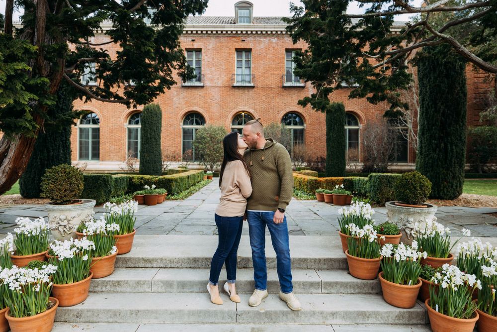 Filoli engagement portraits with paperwhite flowers blooming in January.
