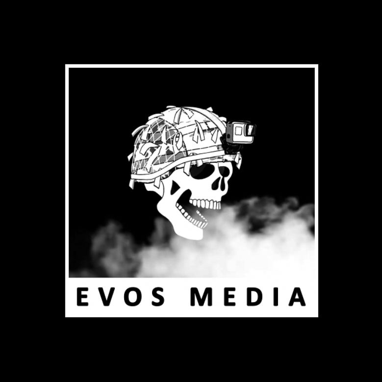 Black and white military skull logo design with helmet and smoke for Evos Media.