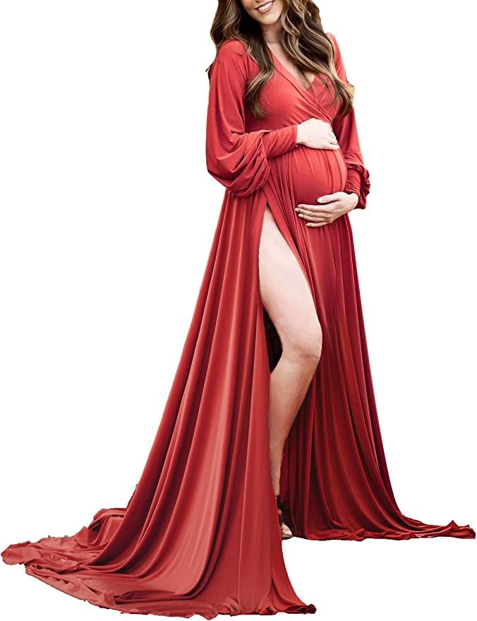 Maternity Gown Bishop Sleeves Baby Shower Dress Wrap Side Slit Sweetheart Maxi Photo Shoot for Photography