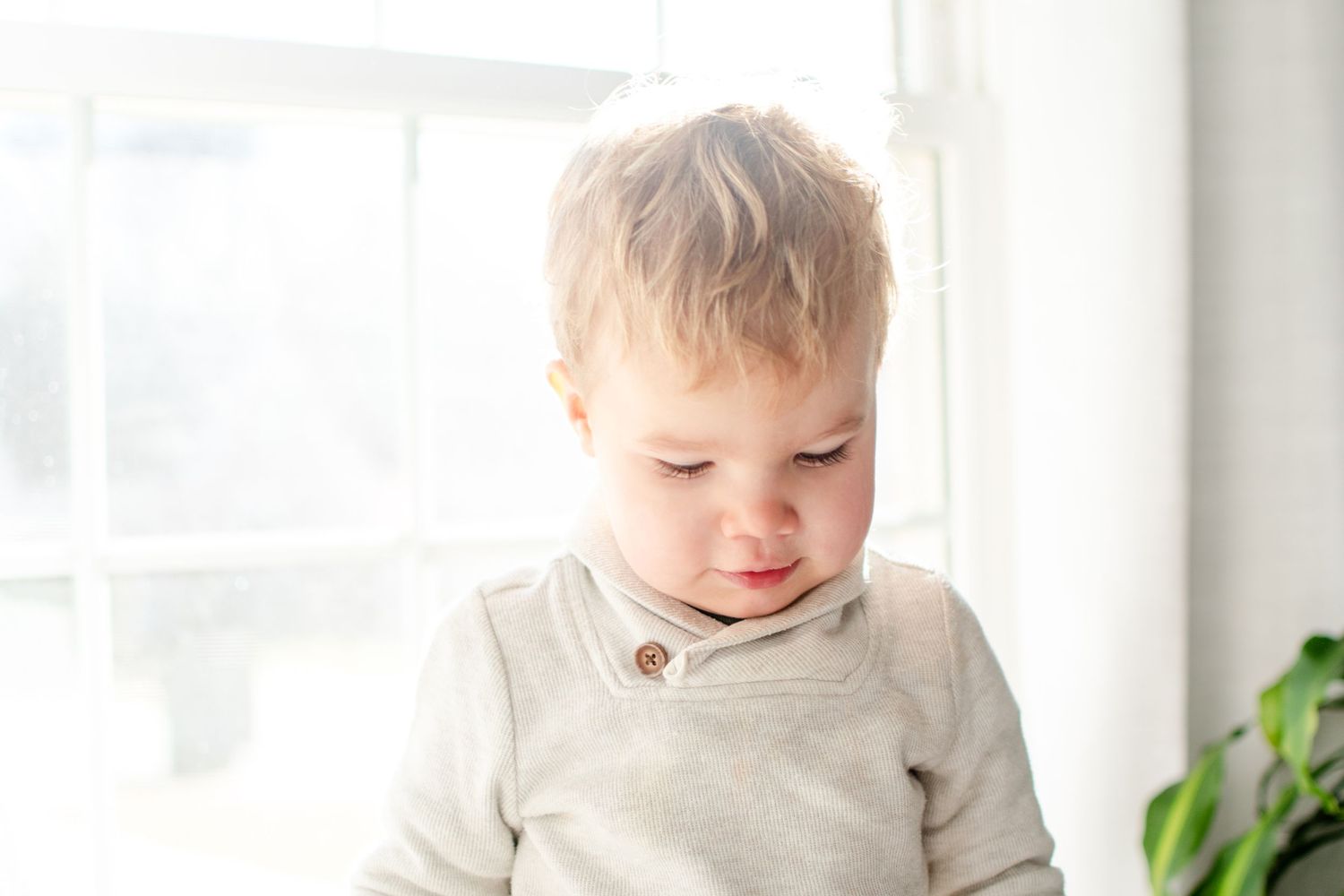 A toddler in a beige sweater looks down while sitting near a bright window.