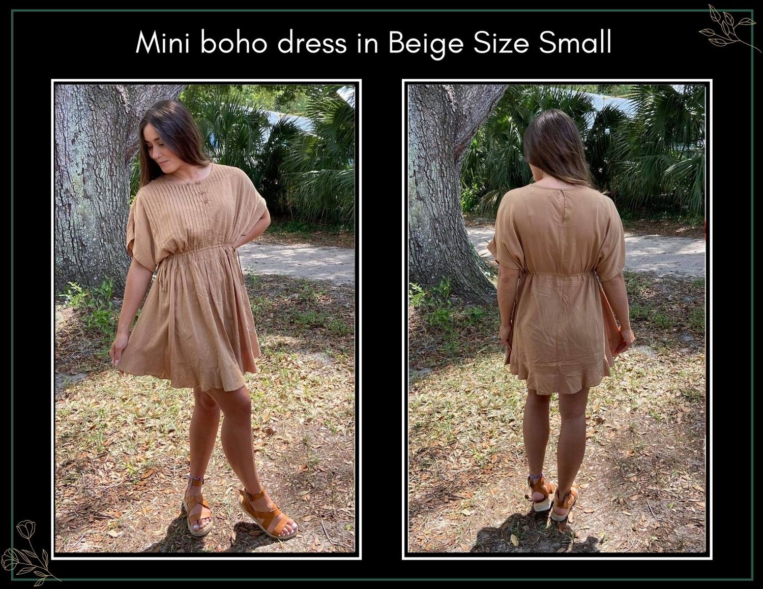 A beige mini boho dress in size small shown from front and back views outdoors.