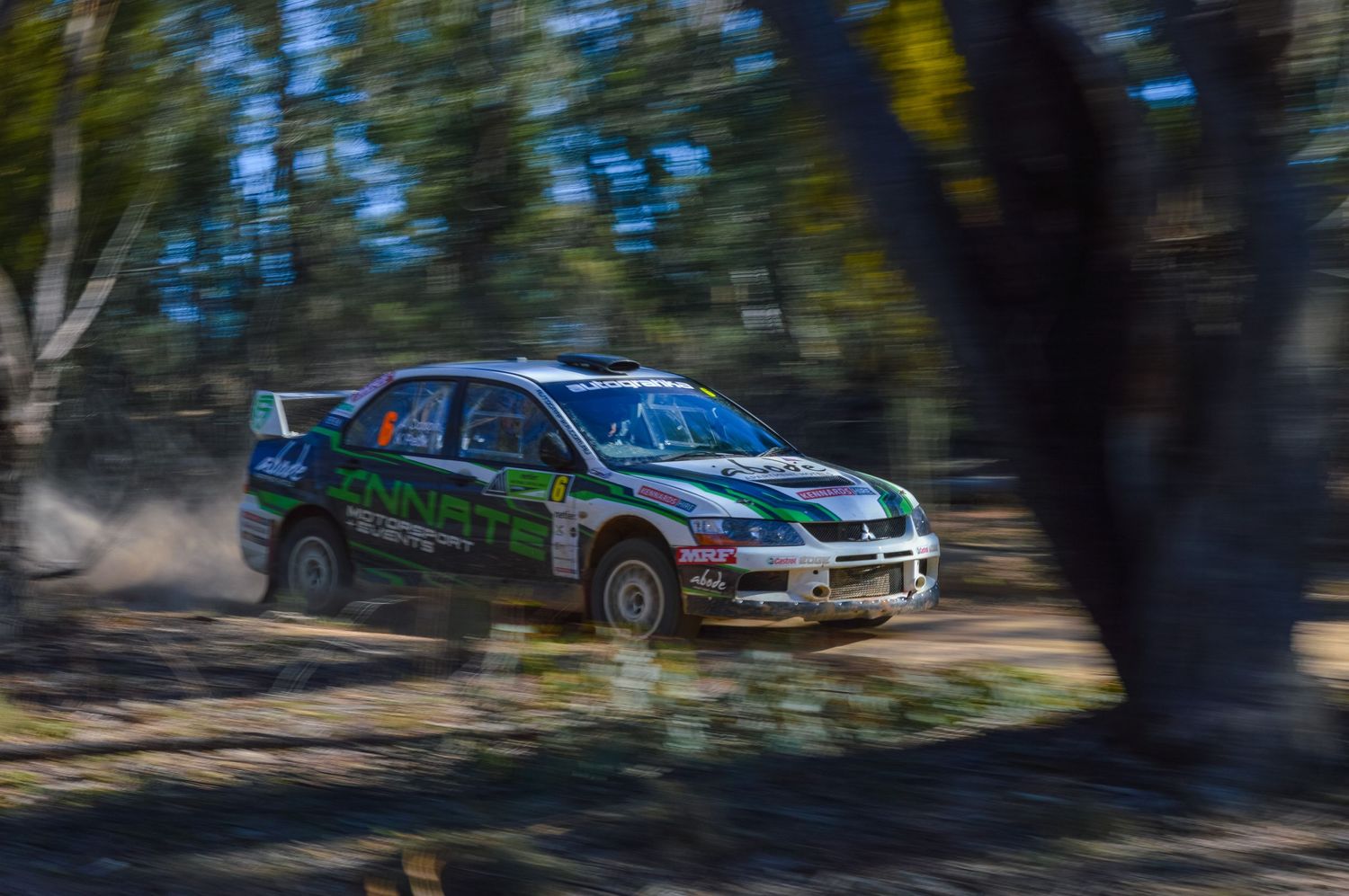Rally car speeding through forest course with motion blur effect.