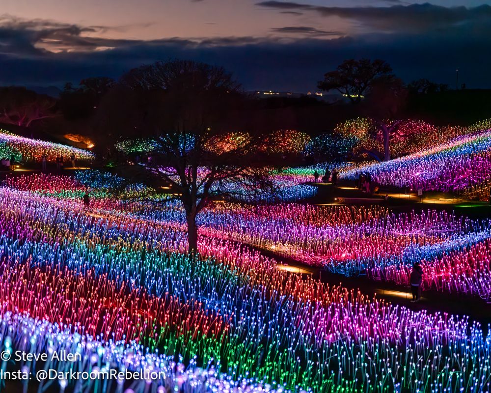 Colorful LED lights illuminate rolling hills in a stunning nighttime display at Sensorio