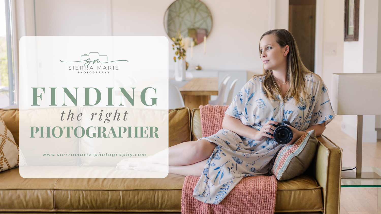 Woman in floral robe sits on vintage couch next to 'Finding the right photographer' sign.