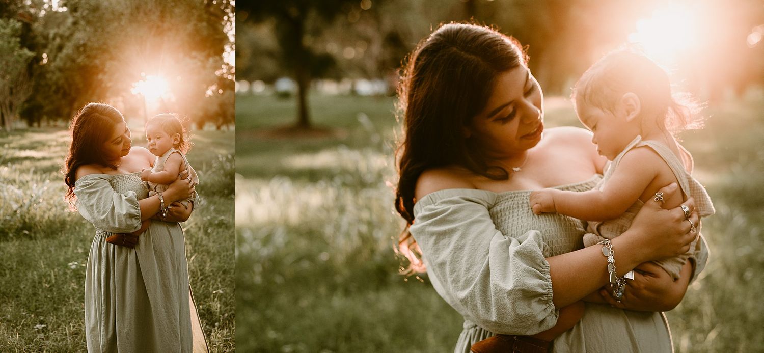 Side-by-side intimate portraits of a woman and child embracing in golden sunset light.