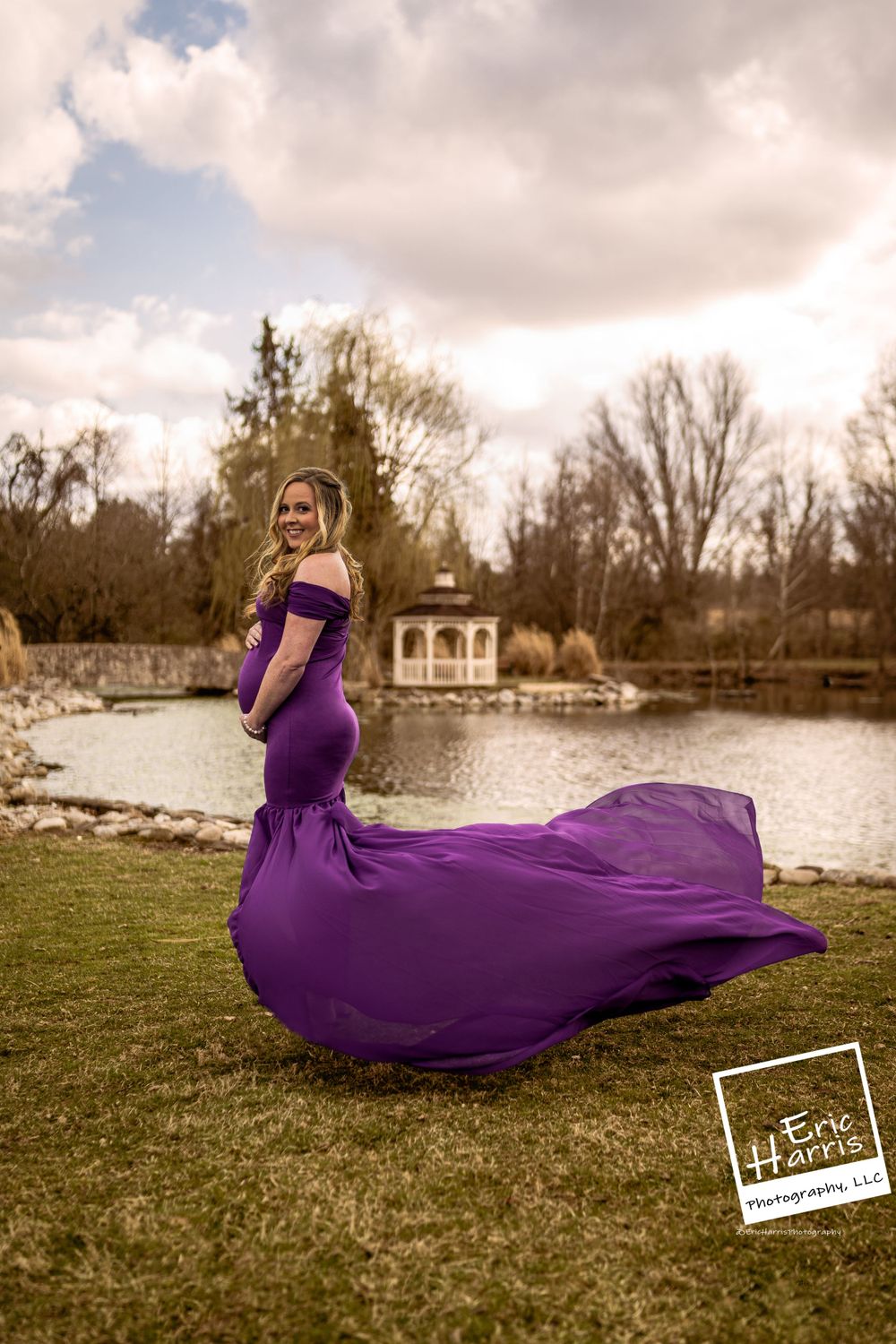 Pregnant Momma in flowing purple dress, Maternity Session Ambler PA