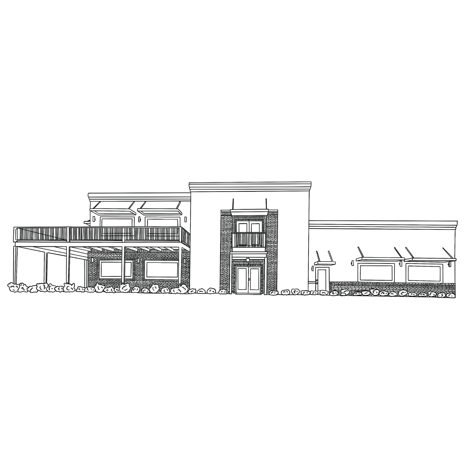 Architectural line drawing of modern commercial building facade with multiple storefronts.