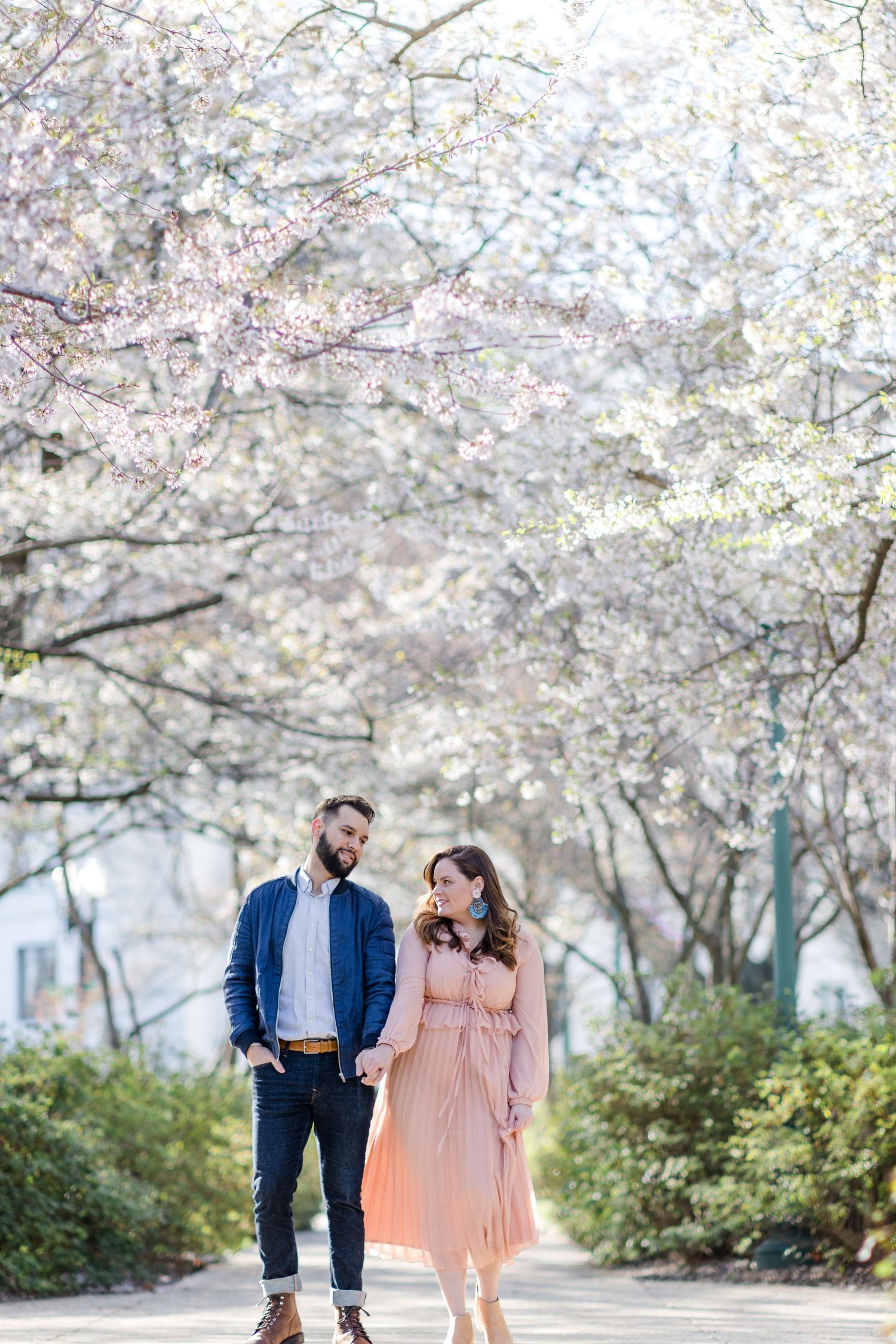 Couple walking together beneath a canopy of cherry blossoms on a spring day.