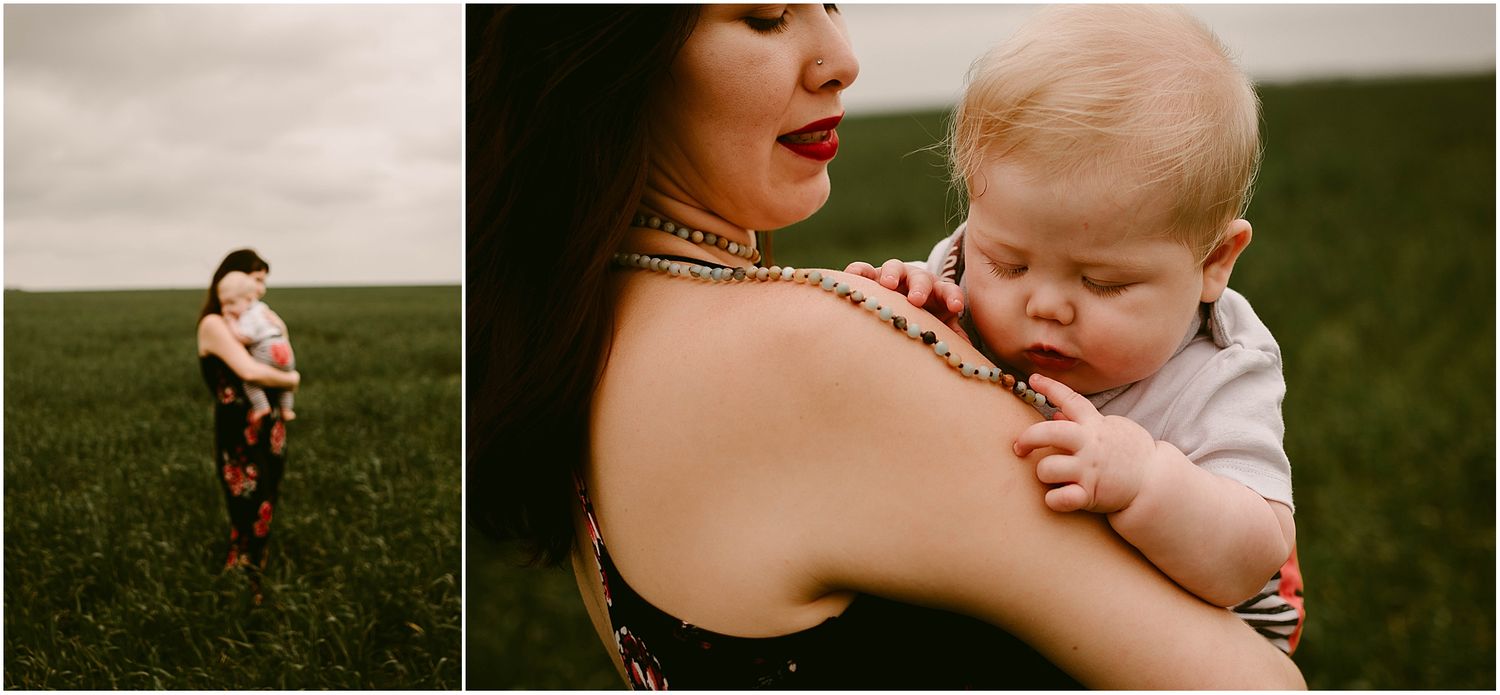 Two views of a tender moment between a woman and baby in a green field.