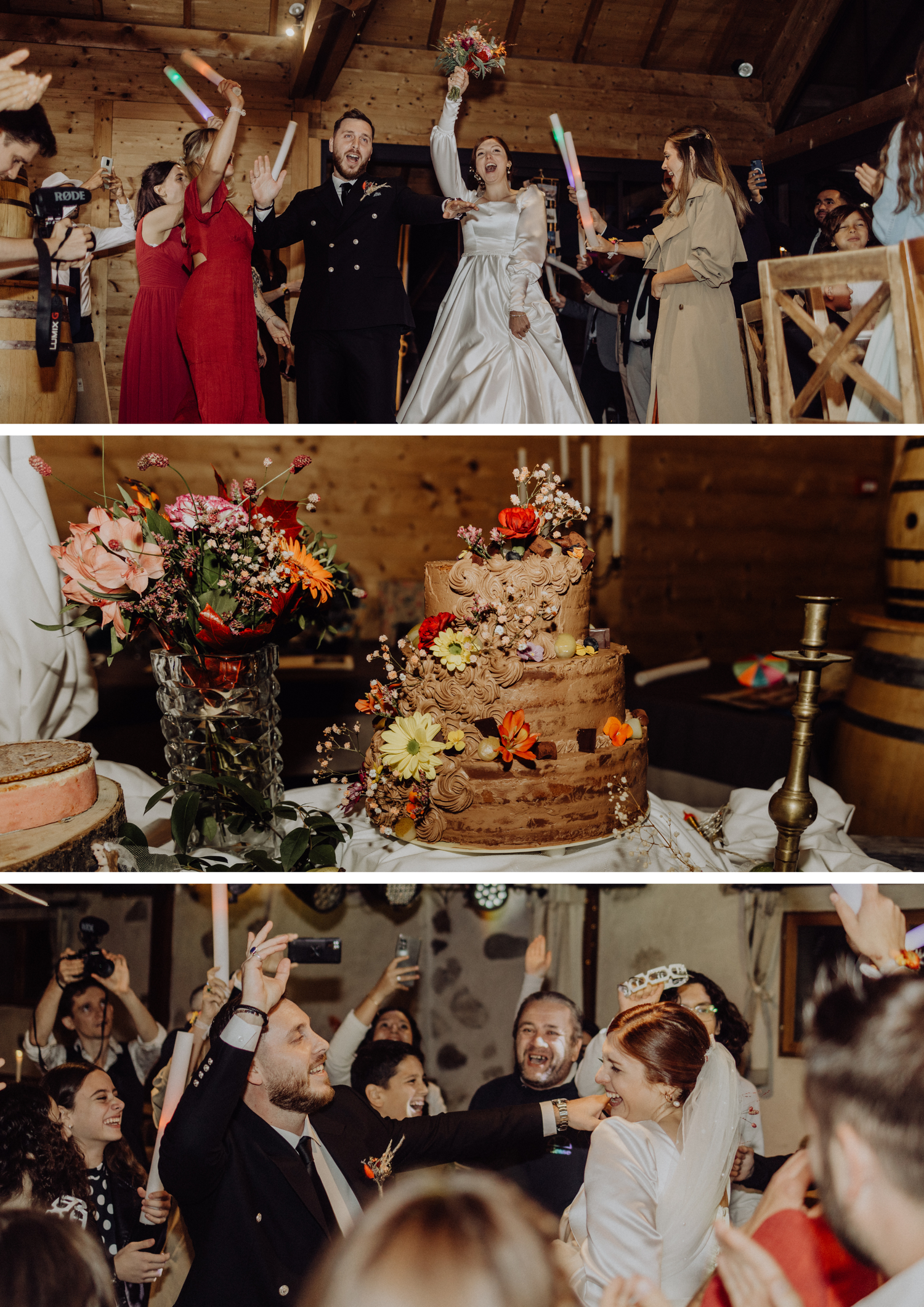 Photographe mariage Auvergne Rhône-Alpes – collage de la réception avec fête et table rustique décorée du gâteau.