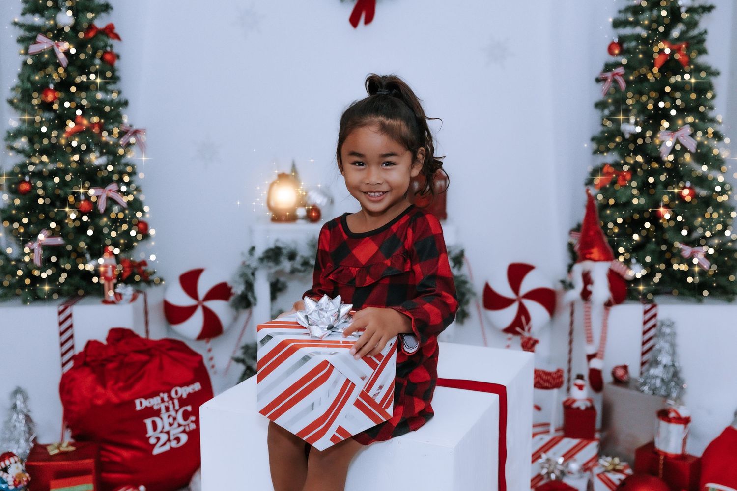 Christmas themed photo setup with decorated trees and peppermint candy props.