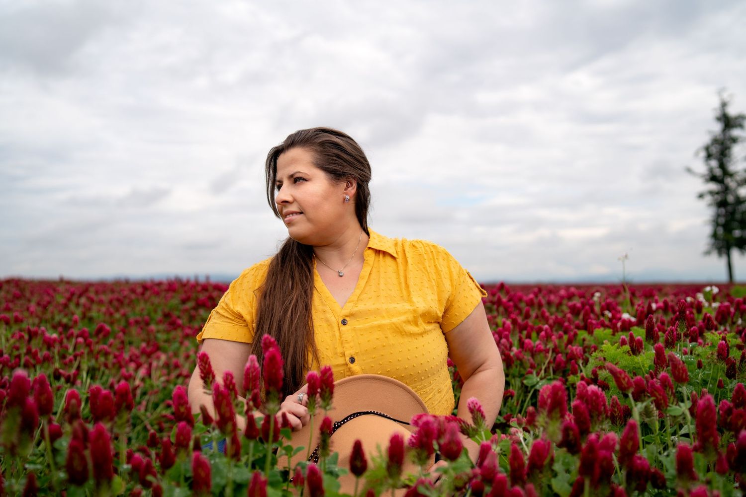 Female portrait in the Oregon crimson clover field.