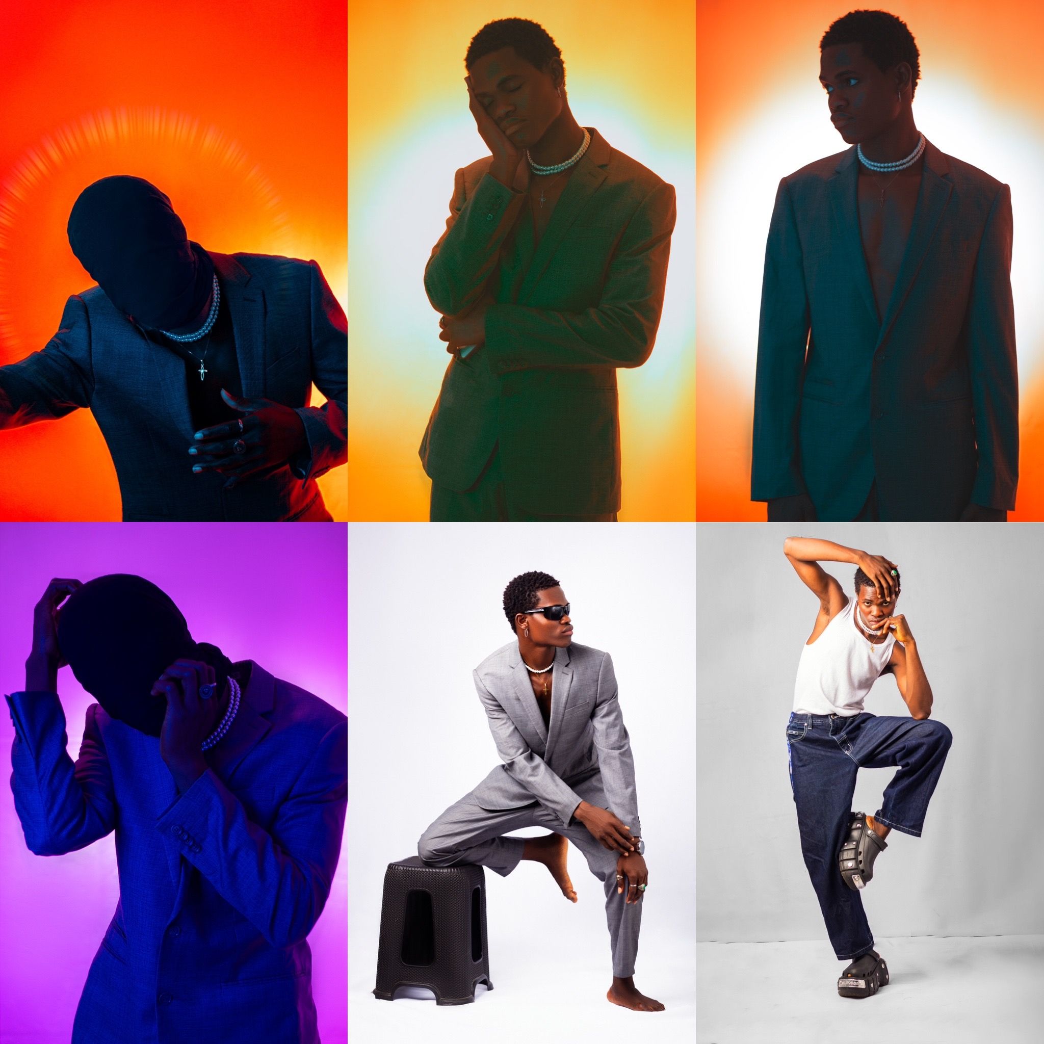 Artistic portrait series showing poses against colorful gradient backgrounds in various outfits and lighting effects.