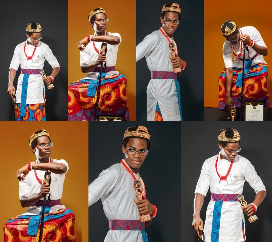 Commercial photography series showing person in chef uniform posing with cooking equipment against orange backdrop.
