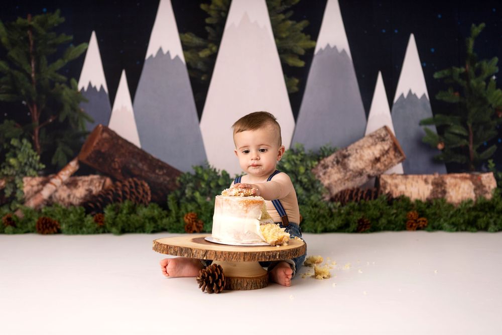 A small cake sits on a rustic wooden stand against a mountain-themed backdrop. Photography Halifax