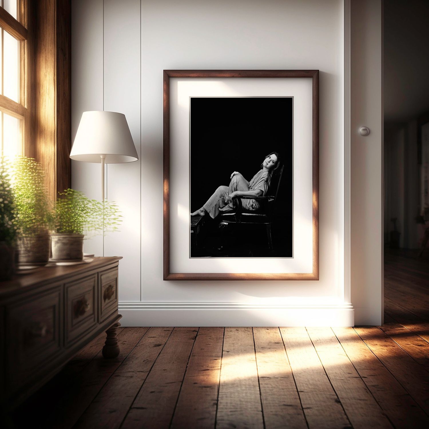 Gallery wall with black and white bird photographs in minimalist modern interior.