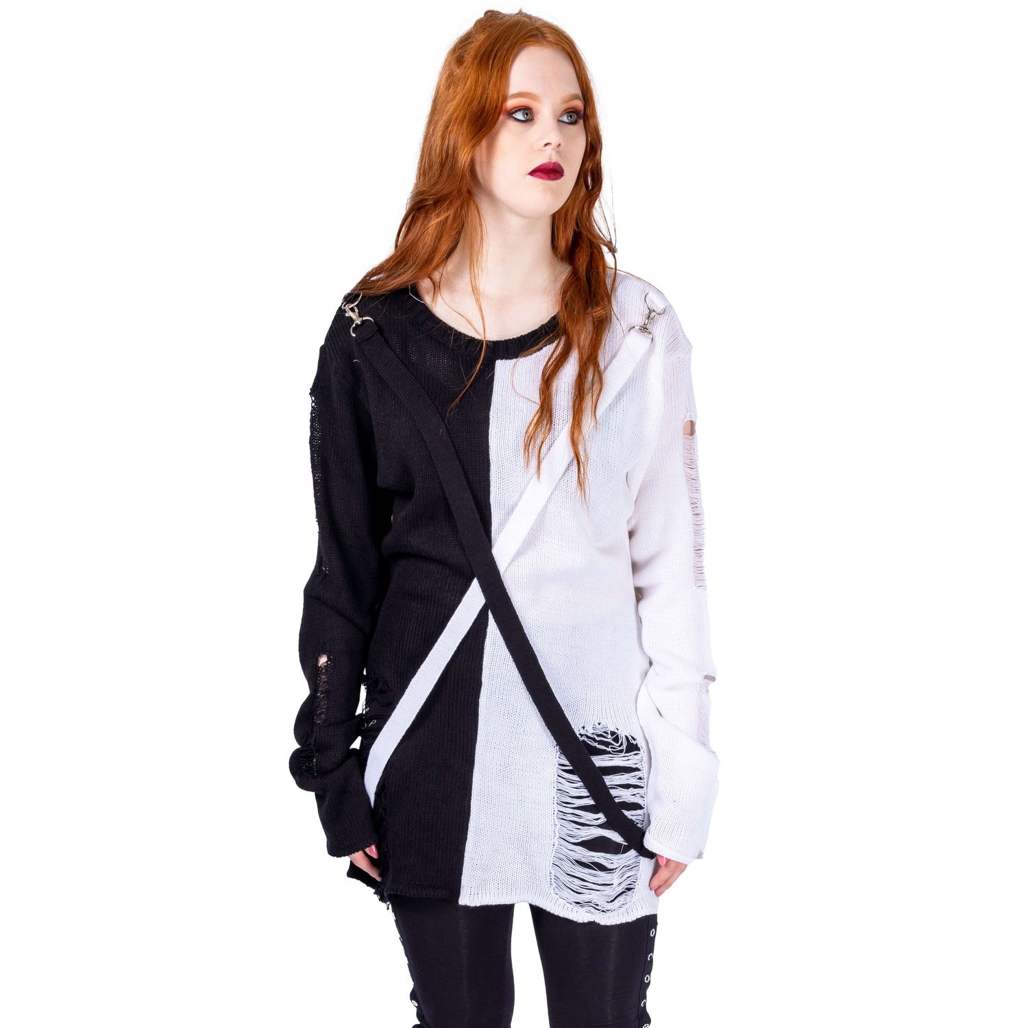 model with ginger hair and red lips posing for Innocent Clothing in goth style jumper shot by Amy Davies in Hove