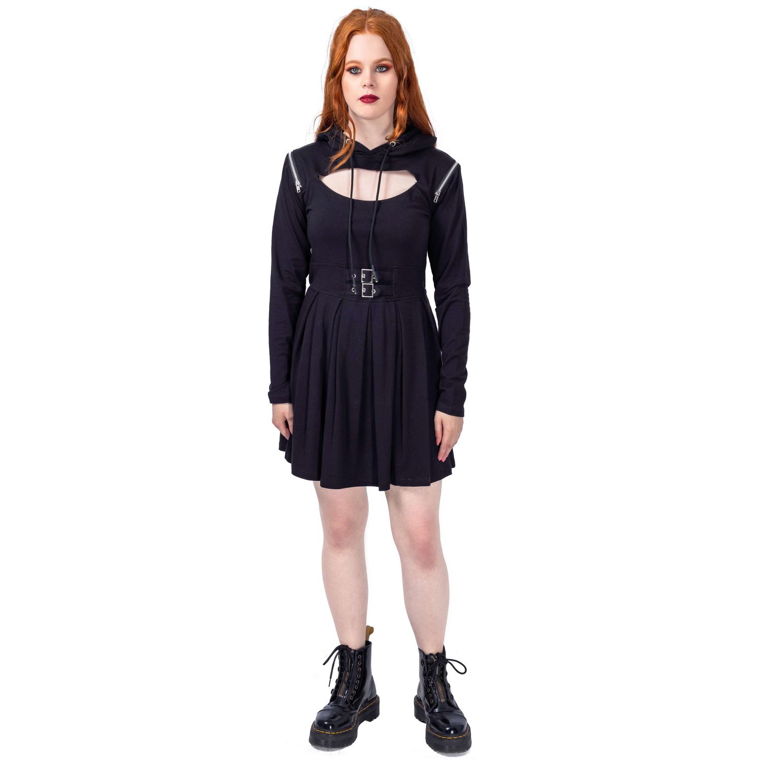 model with long ginger hair and red lipstick posing in goth black dress for Innocent Clothing shot by Amy Davies in Hove